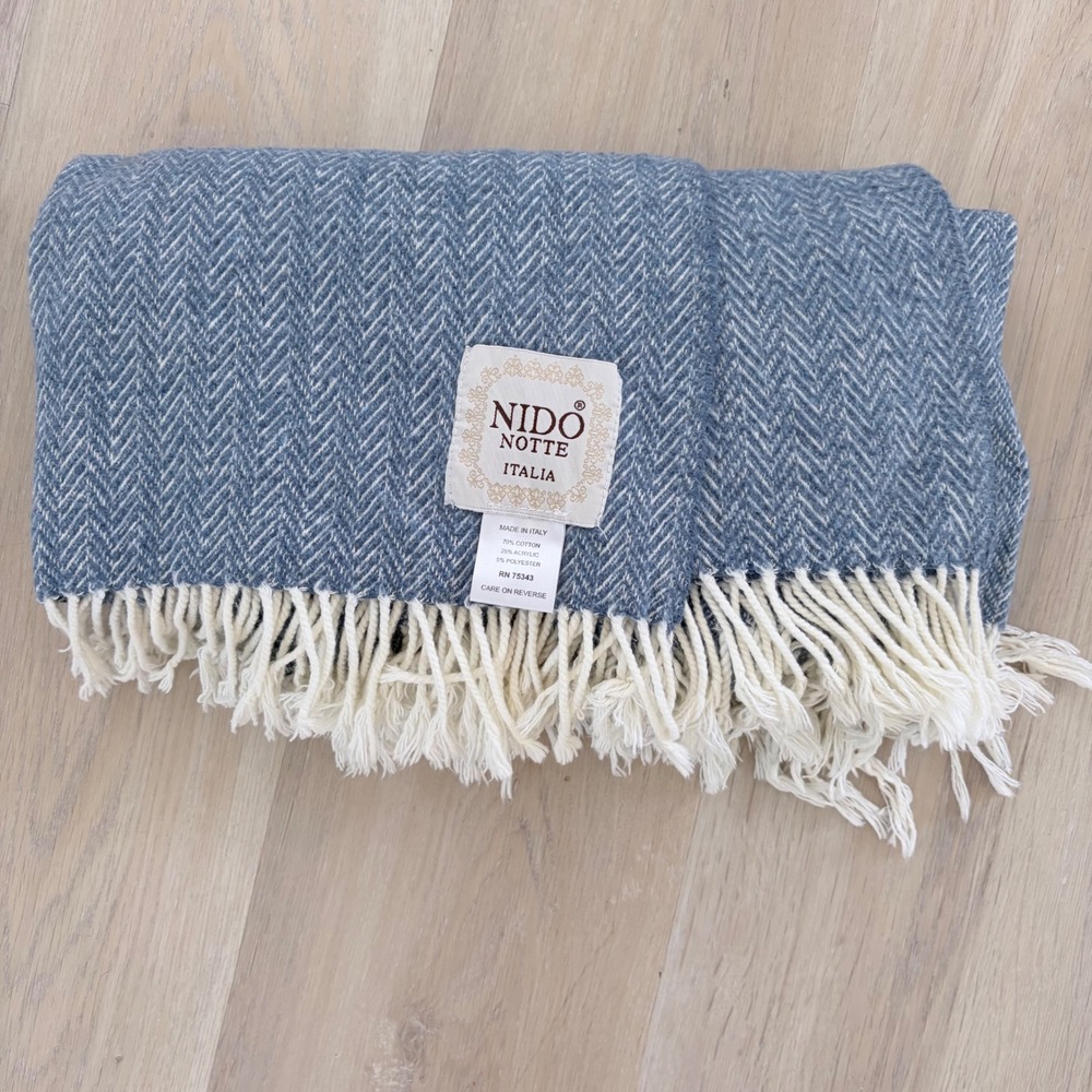 Nido Notte Italia Blue Herringbone Throw Blanket Cotton Blend Fringe Made Italy